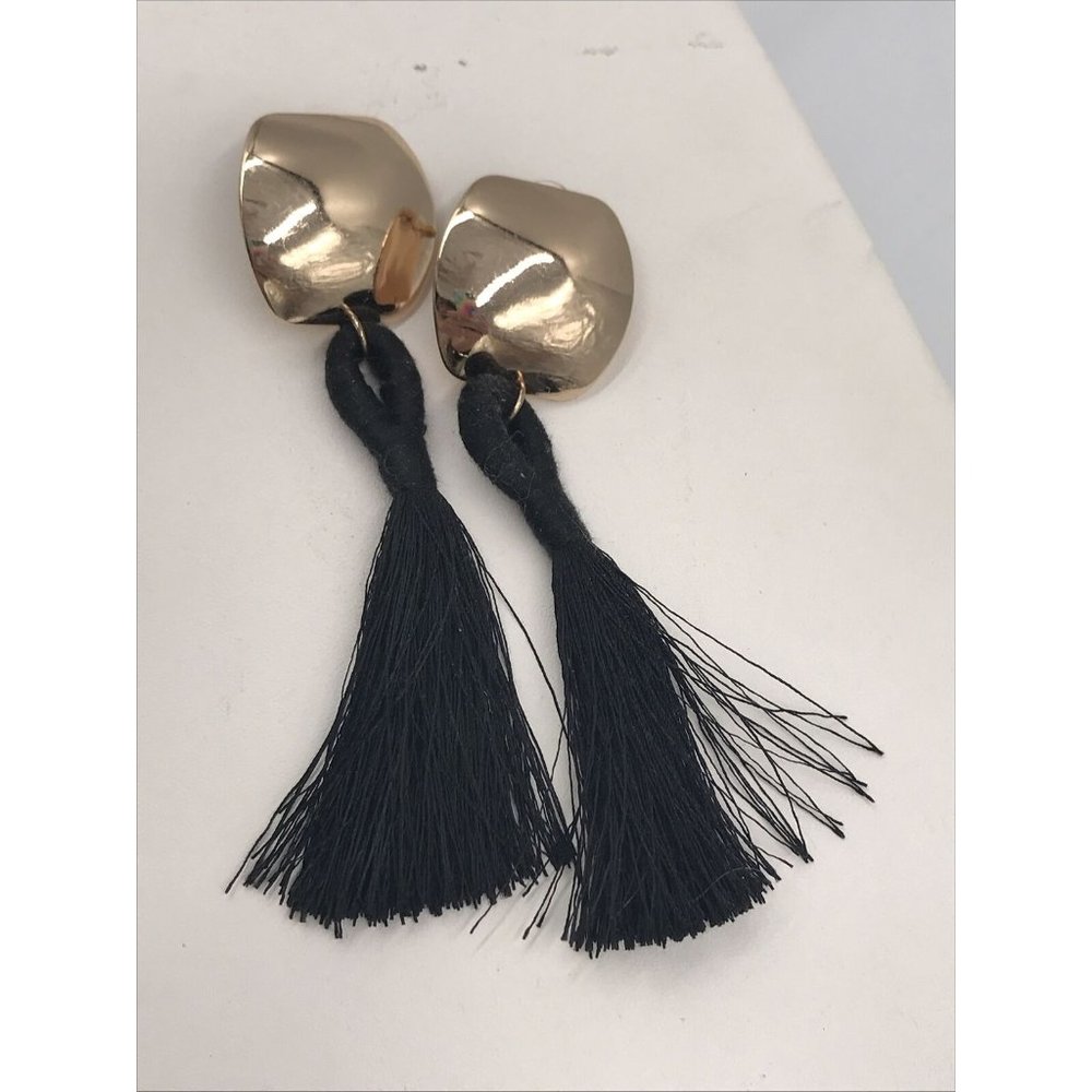 Black Long Tassel Gold-tone Pierced Dangle‎ Fashion Earrings